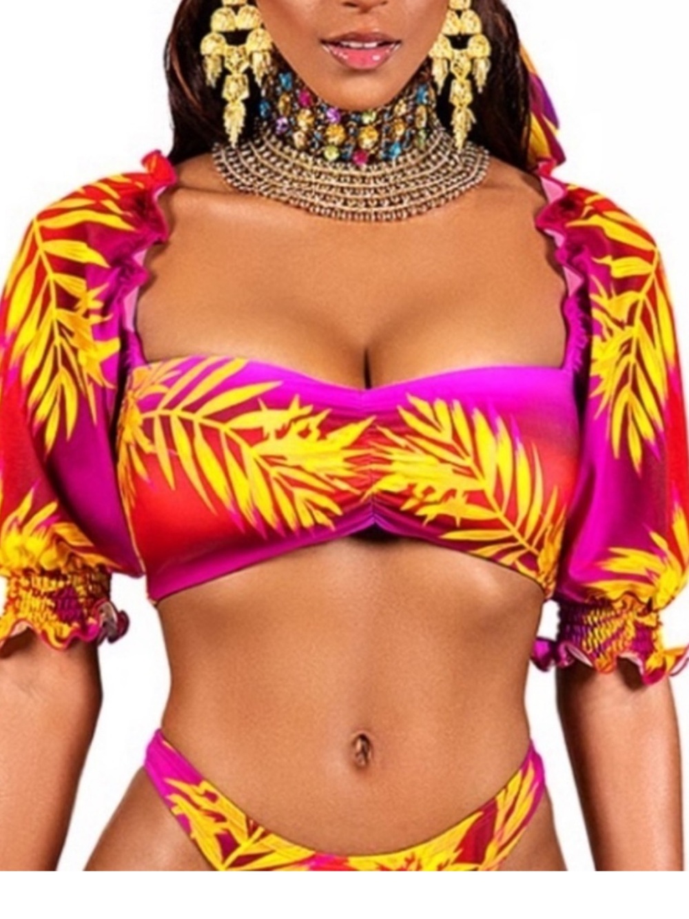 High-Waist Off-Shoulder Bikini Set in Fuchsia & Yellow Palm Print